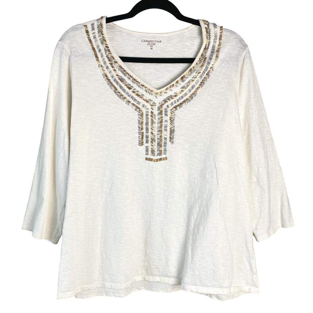 Coldwater Creek Womens Beaded Neck Blouse 1X Ivory 3/4 Sleeve Gold Boho‎ Coastal